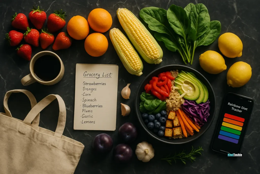 Color-coded grocery haul with fruits, vegetables, and handwritten rainbow diet list
