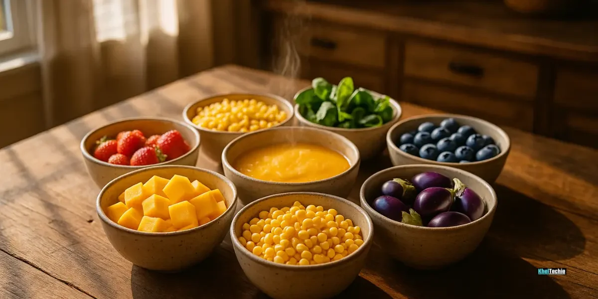 Colorful seven-bowl rainbow meal plan on a rustic wooden table in natural light