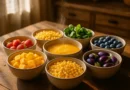 Colorful seven-bowl rainbow meal plan on a rustic wooden table in natural light
