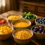 Colorful seven-bowl rainbow meal plan on a rustic wooden table in natural light