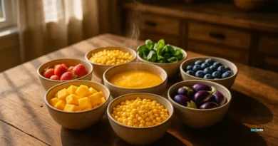 Colorful seven-bowl rainbow meal plan on a rustic wooden table in natural light
