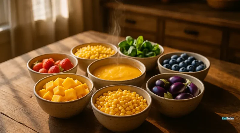 Colorful seven-bowl rainbow meal plan on a rustic wooden table in natural light