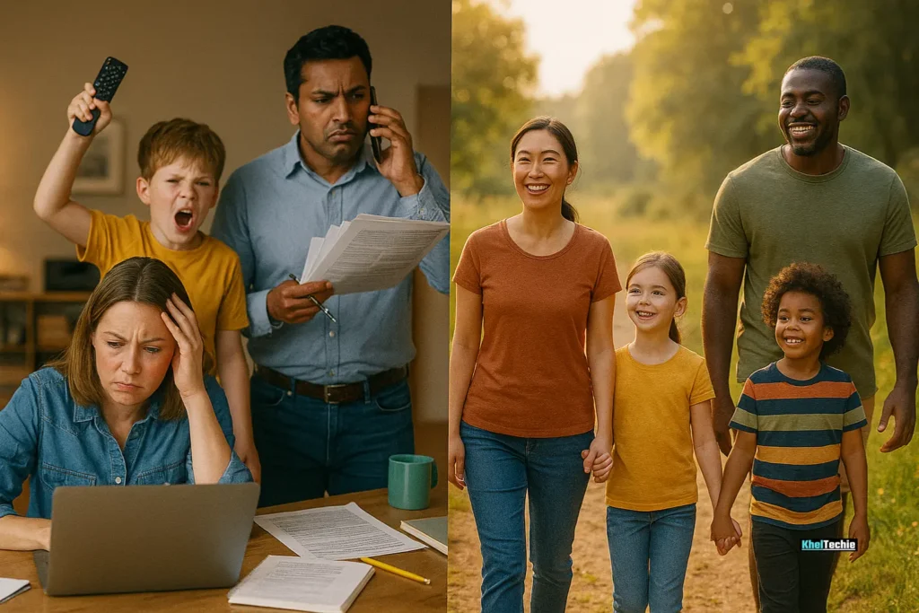 Comparison image of stressed family vs happy, balanced family doing a wellness walk