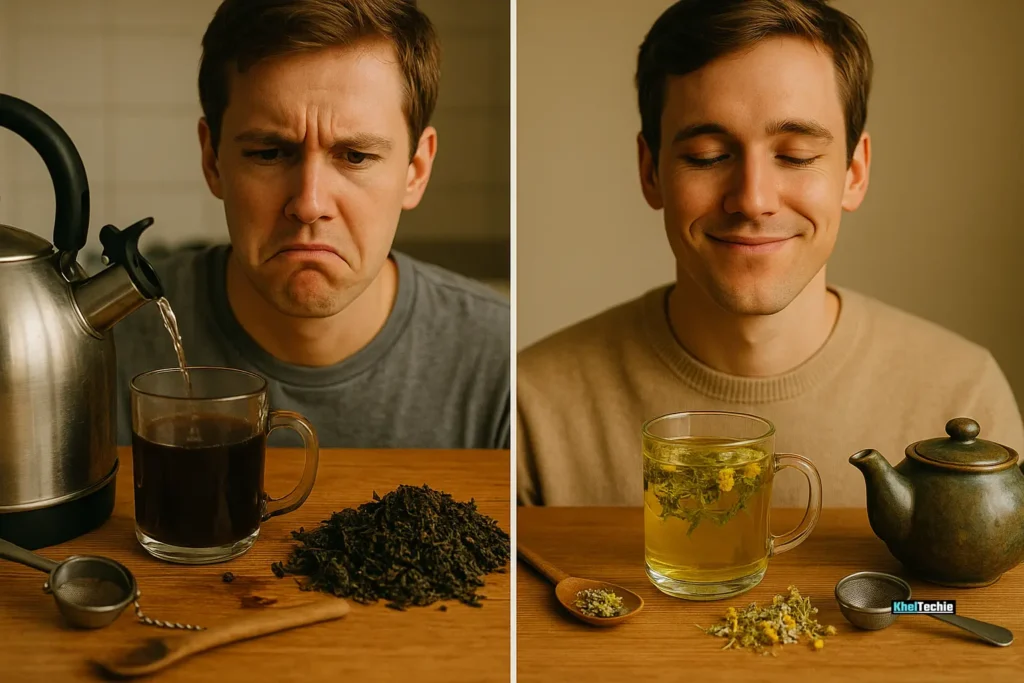 Comparison of bad vs. good herbal tea brewing practices side-by-side