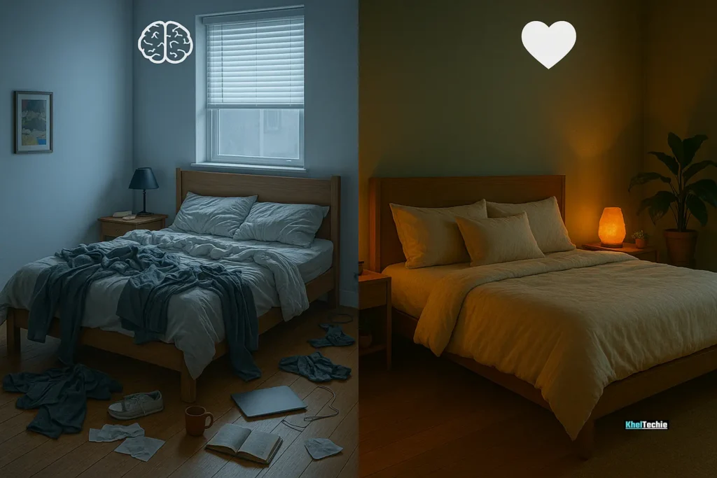 Comparison of cluttered versus calming bedroom highlighting the importance of sleep-friendly design