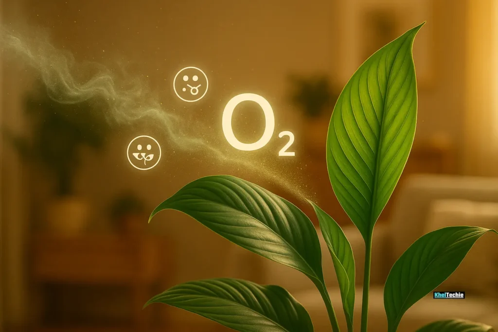 Conceptual image of indoor plant purifying air with oxygen icons