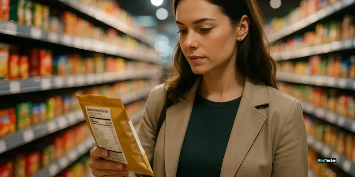 Confident woman reading food label in grocery aisle under soft cinematic lighting