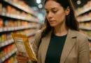 Confident woman reading food label in grocery aisle under soft cinematic lighting