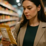 Confident woman reading food label in grocery aisle under soft cinematic lighting