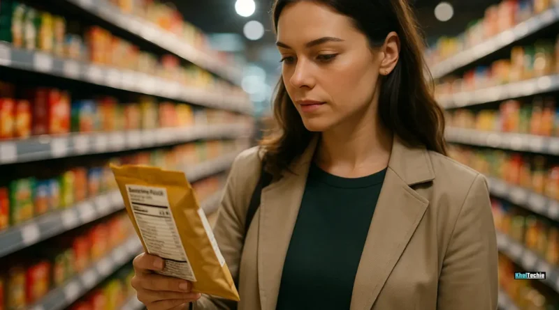 Confident woman reading food label in grocery aisle under soft cinematic lighting