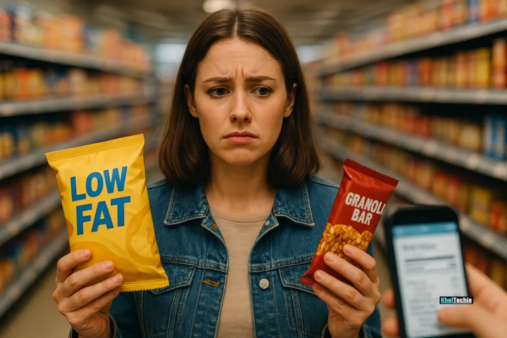 Confused shopper comparing two snack labels, unsure of which is healthier