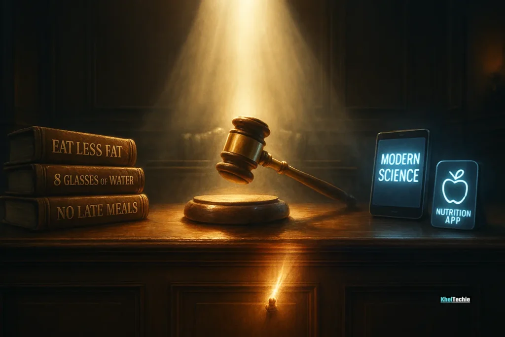 Courtroom-style concept showing old nutrition myths on trial