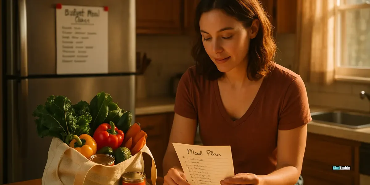 Cozy kitchen with meal planning setup, groceries, and healthy food list on a table