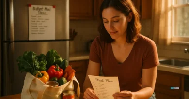 Cozy kitchen with meal planning setup, groceries, and healthy food list on a table