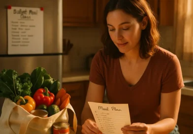 Cozy kitchen with meal planning setup, groceries, and healthy food list on a table