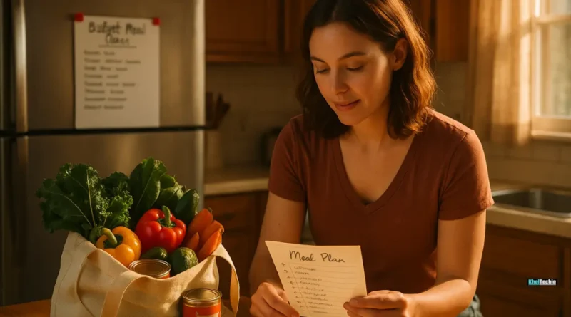 Cozy kitchen with meal planning setup, groceries, and healthy food list on a table
