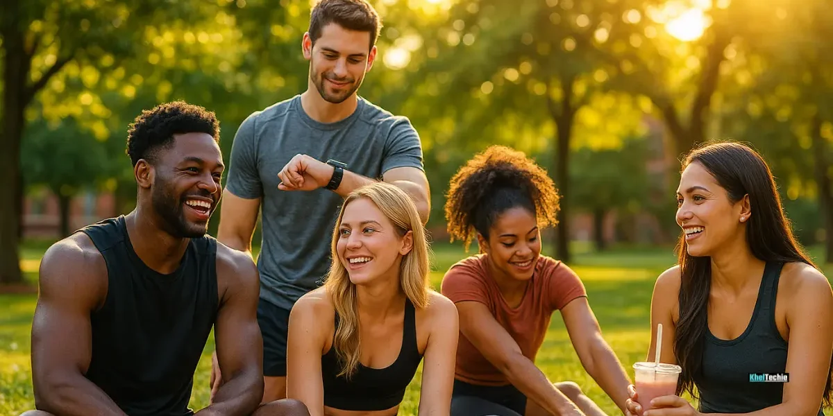 Diverse college students post-workout on campus with fitness gear and relaxed smiles in golden hour lighting