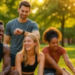 Diverse college students post-workout on campus with fitness gear and relaxed smiles in golden hour lighting