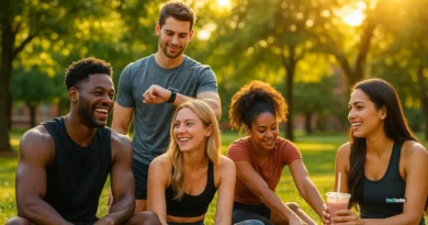 Diverse college students post-workout on campus with fitness gear and relaxed smiles in golden hour lighting