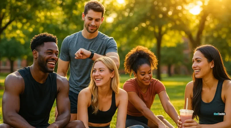 Diverse college students post-workout on campus with fitness gear and relaxed smiles in golden hour lighting
