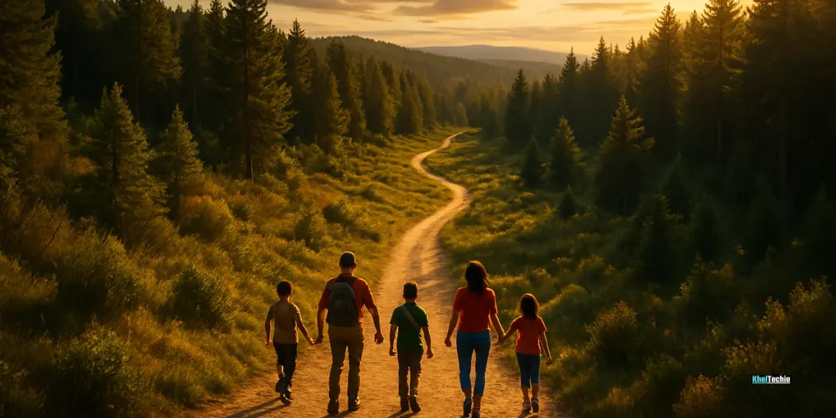 Diverse family walking outdoors together in early morning sunlight during a wellness challenge