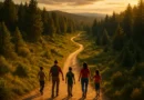 Diverse family walking outdoors together in early morning sunlight during a wellness challenge