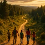 Diverse family walking outdoors together in early morning sunlight during a wellness challenge