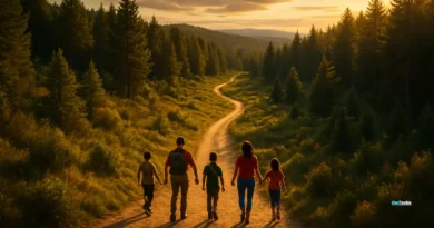 Diverse family walking outdoors together in early morning sunlight during a wellness challenge