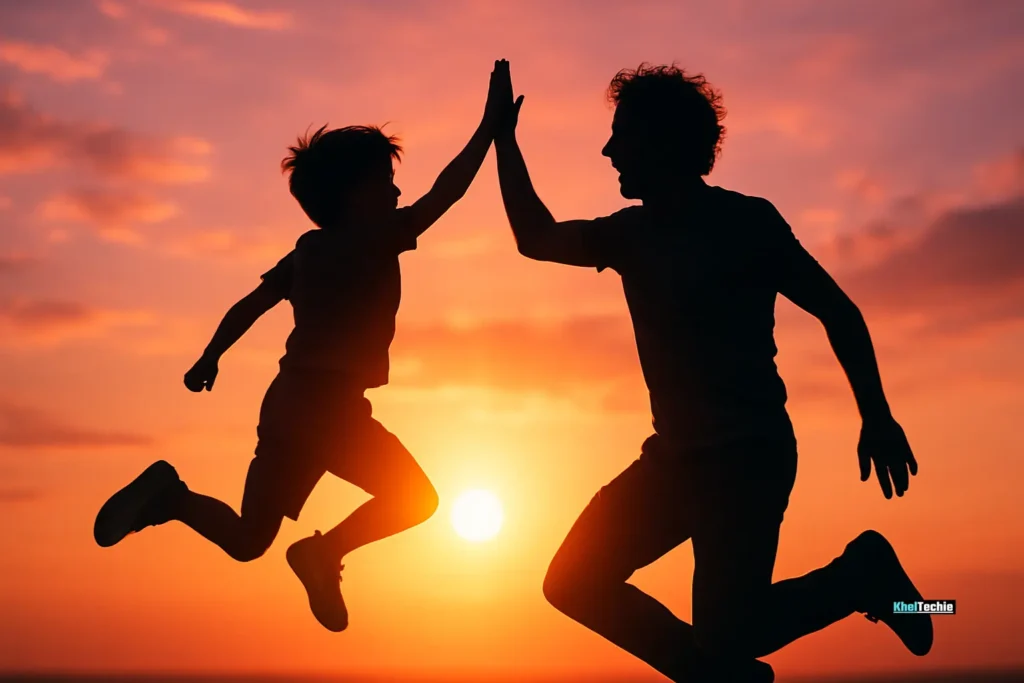 Family beginning a wellness journey together on a scenic forest trail under golden sunlight