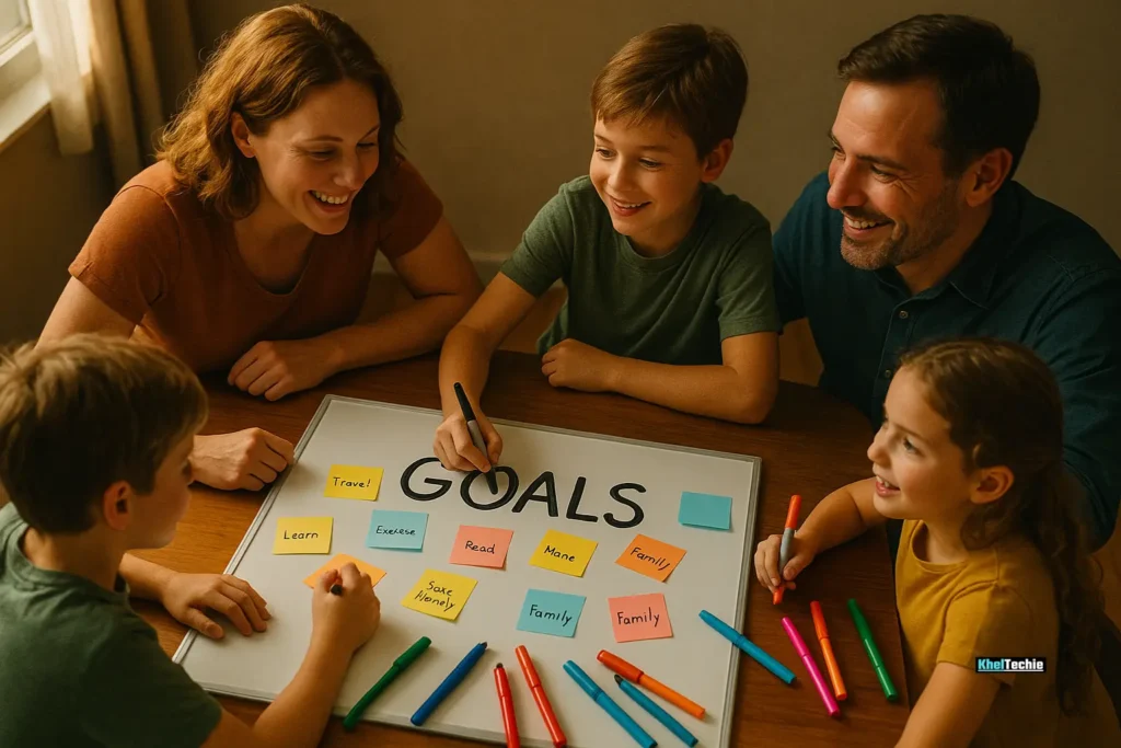 Family planning a wellness challenge together with goal trackers and teamwork at home