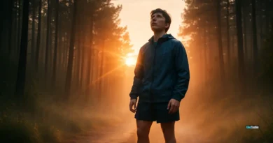 First-time runner starting 5K journey at sunrise in foggy forest trail