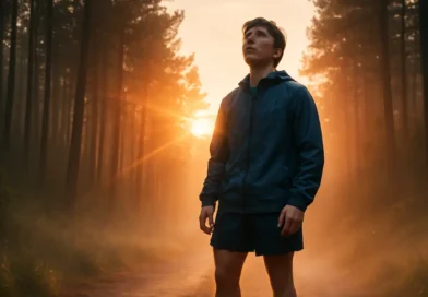 First-time runner starting 5K journey at sunrise in foggy forest trail