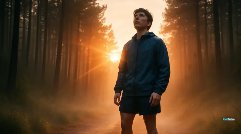 First-time runner starting 5K journey at sunrise in foggy forest trail