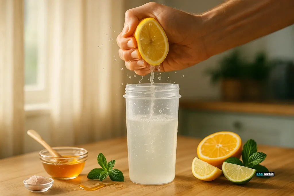 Fresh DIY electrolyte drink being mixed with lemon, honey and salt in a sunny kitchen