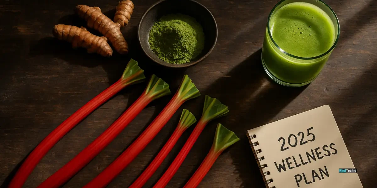 Fresh rhubarb stalks on rustic wood with wellness items for a 2025 health theme