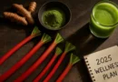 Fresh rhubarb stalks on rustic wood with wellness items for a 2025 health theme