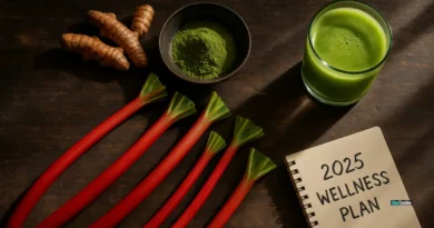 Fresh rhubarb stalks on rustic wood with wellness items for a 2025 health theme