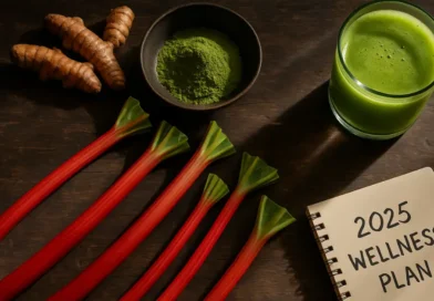 Fresh rhubarb stalks on rustic wood with wellness items for a 2025 health theme