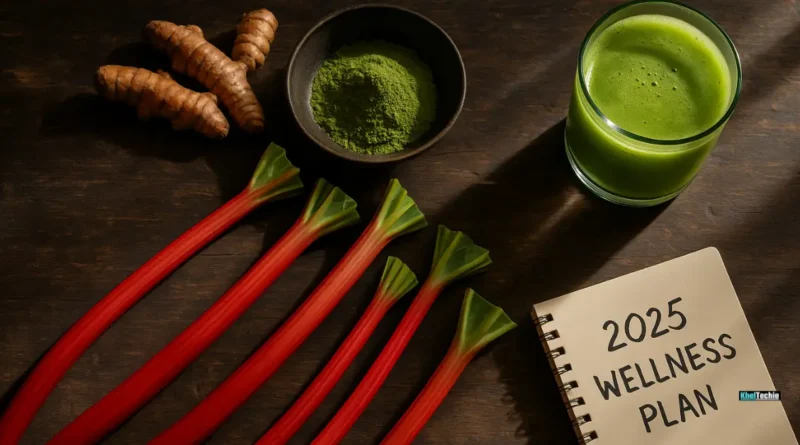 Fresh rhubarb stalks on rustic wood with wellness items for a 2025 health theme
