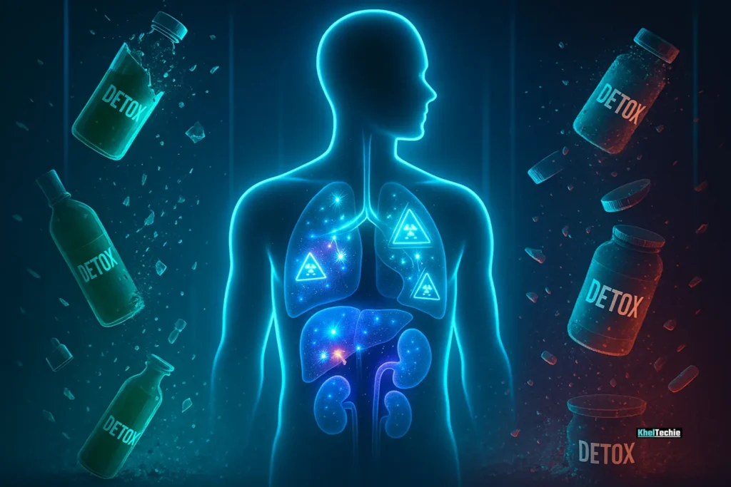 Futuristic liver and kidney illustration showing natural detox vs. diet fads