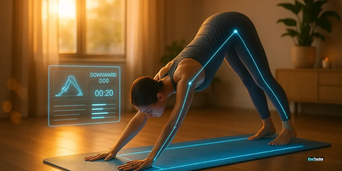 Futuristic smart yoga mat with holographic feedback in minimalist home studio at sunrise