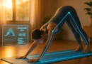 Futuristic smart yoga mat with holographic feedback in minimalist home studio at sunrise
