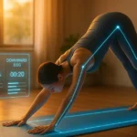 Futuristic smart yoga mat with holographic feedback in minimalist home studio at sunrise