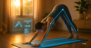 Futuristic smart yoga mat with holographic feedback in minimalist home studio at sunrise