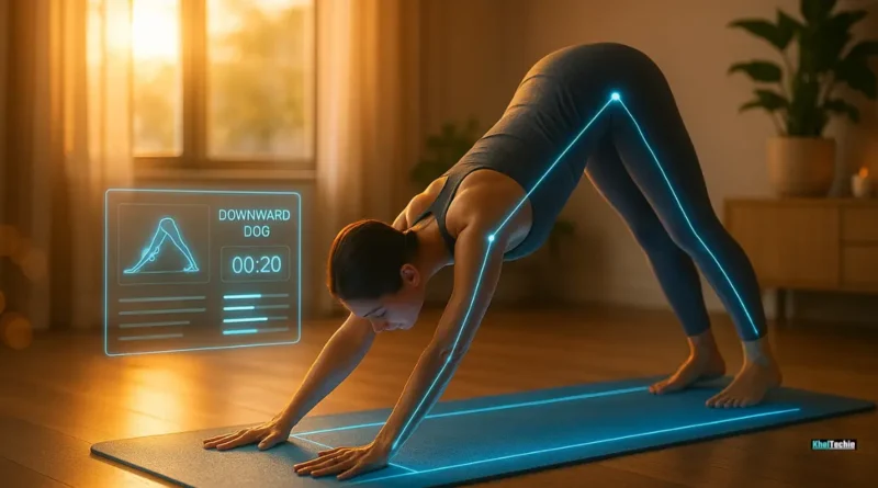 Futuristic smart yoga mat with holographic feedback in minimalist home studio at sunrise