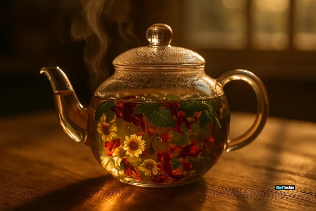 Glass teapot with chamomile, hibiscus, and mint steeping in golden sunlight