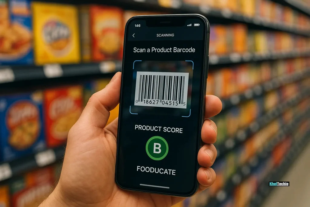 Hand scanning food barcode with nutrition app in grocery store, product rating displayed on screen