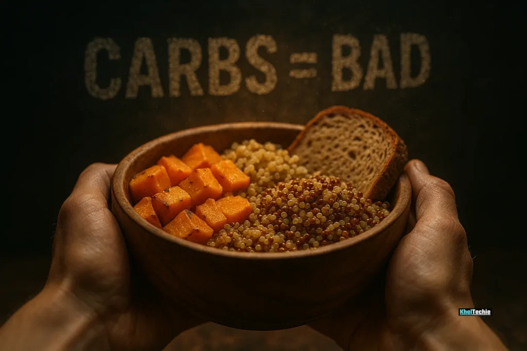 Hands holding healthy carbs like sweet potatoes and grains, debunking carb myths