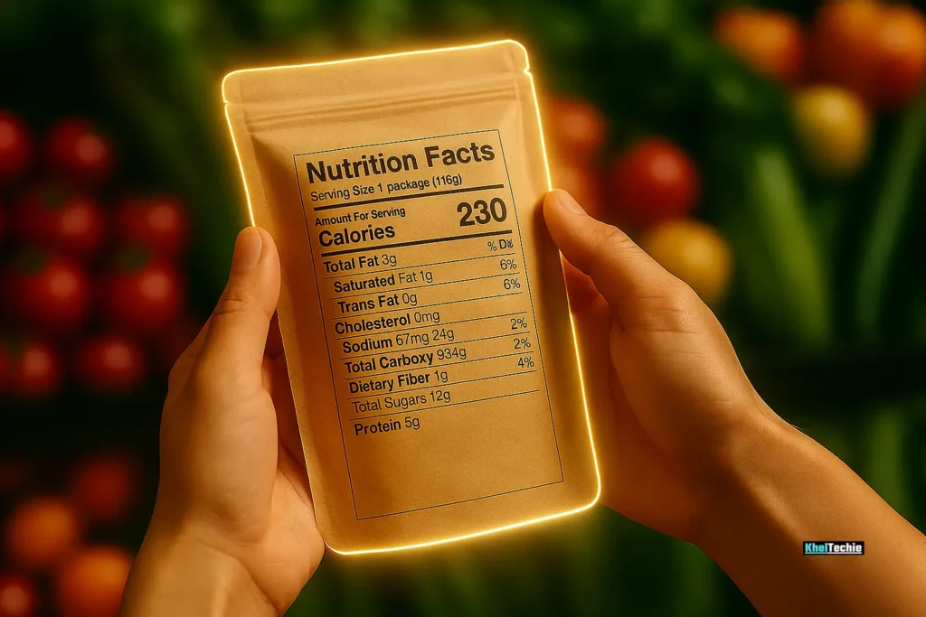 Hands pointing at a nutrition label on packaged food