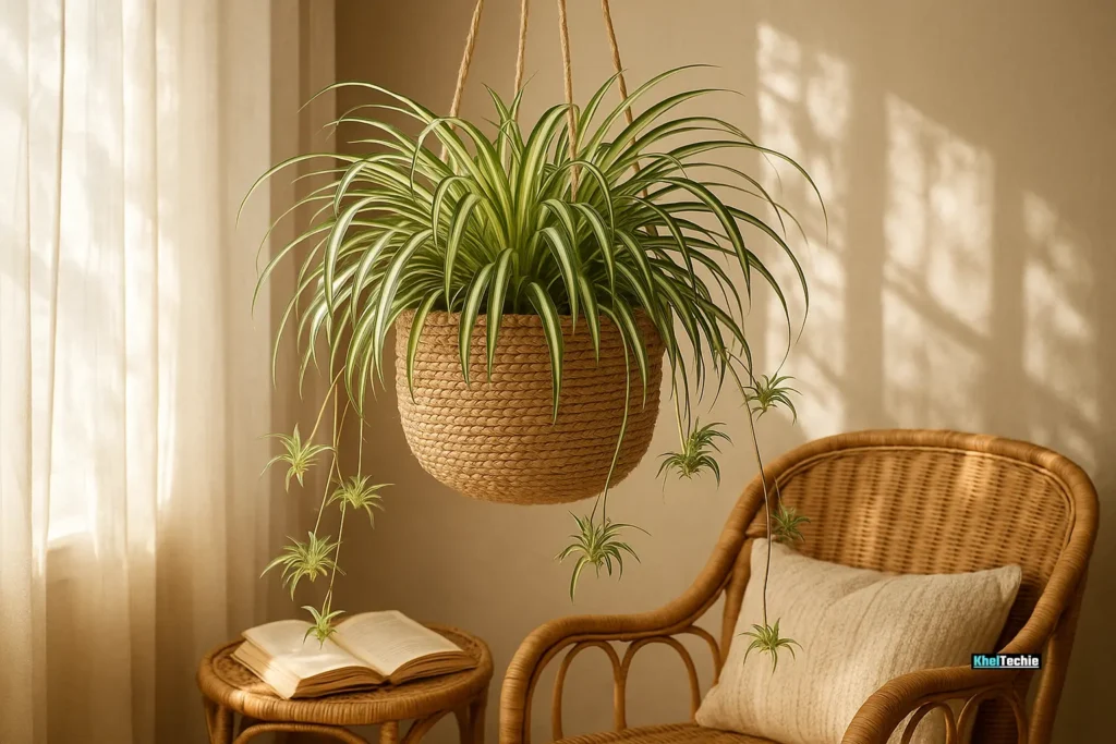Hanging spider plant in bright room, toxin filter